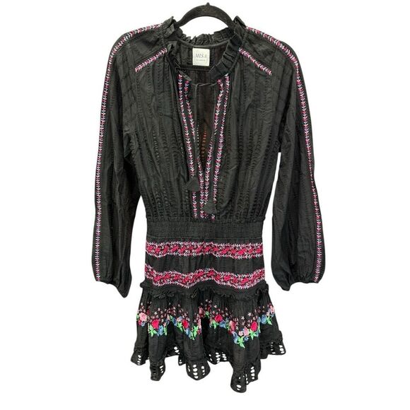MISA Los Angeles Manuela Black Embroidered Cotton Mini Dress Small - Picture 4 of 14